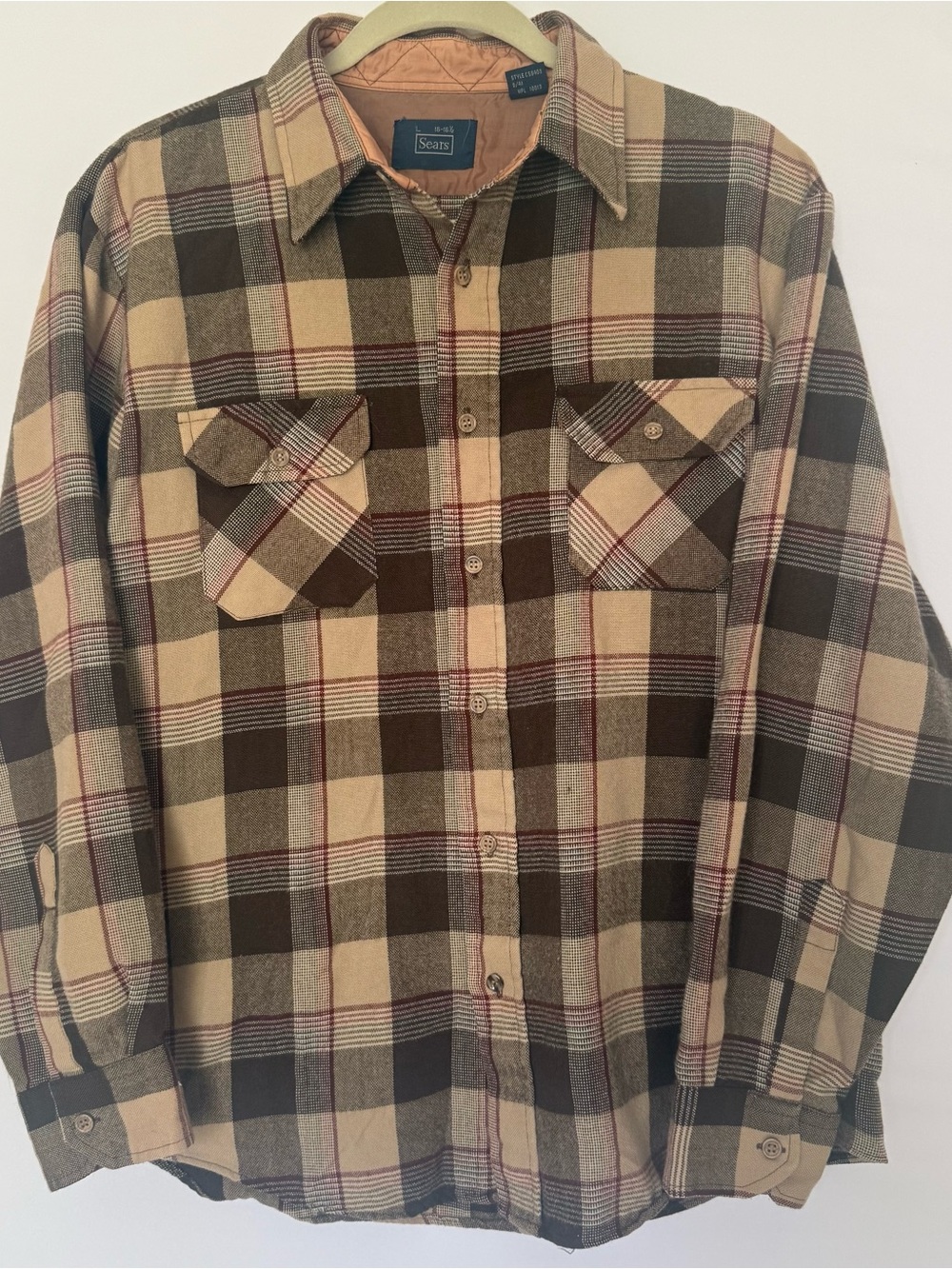 Sears Men’s Brown, Cream & Tan Burgundy Plaid Button-Down Shirt Vintage
